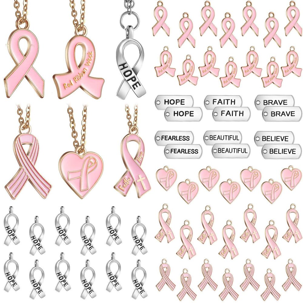 7043 108 Pieces Breast Cancer Awareness Charms Pink Ribbon Hope Ribbon